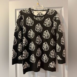 LOFT Black and White Graphic 3/4 Sleeve Crew Neck Sweater